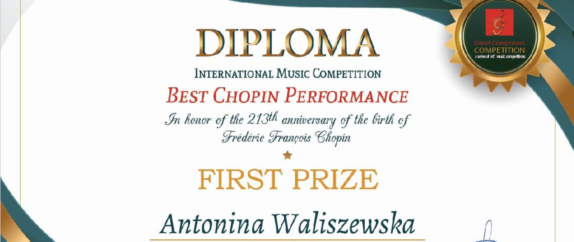 Zdjęcie dyplomu konkursu Best Chopin Performance International Piano Competition, napisy na białym tle, w dolnym lewym rogu zielone i złote fale. Po prawej pieczatka Magnum Opus Enterprises. Data March 01.2023. Antonina Waliszewska Poland First Prize.
