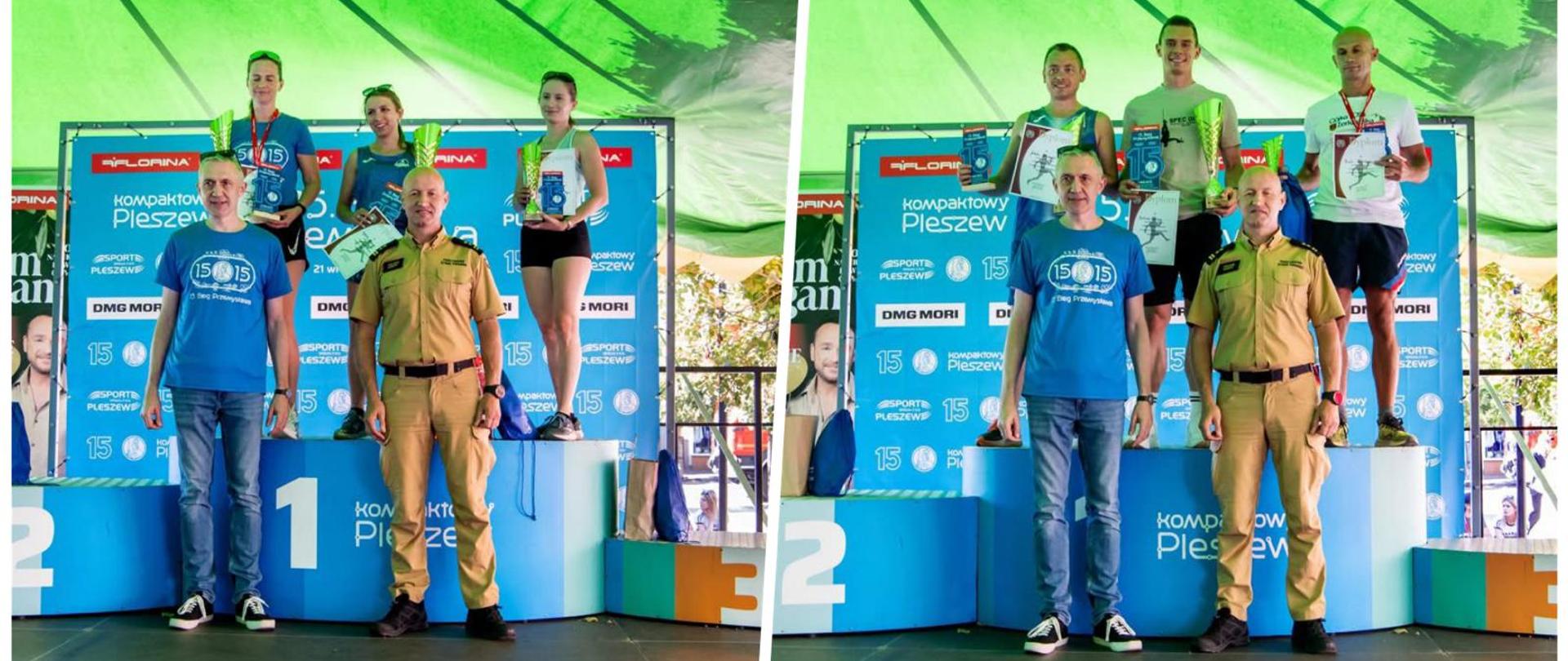 osoby stojące na podium z pucharami