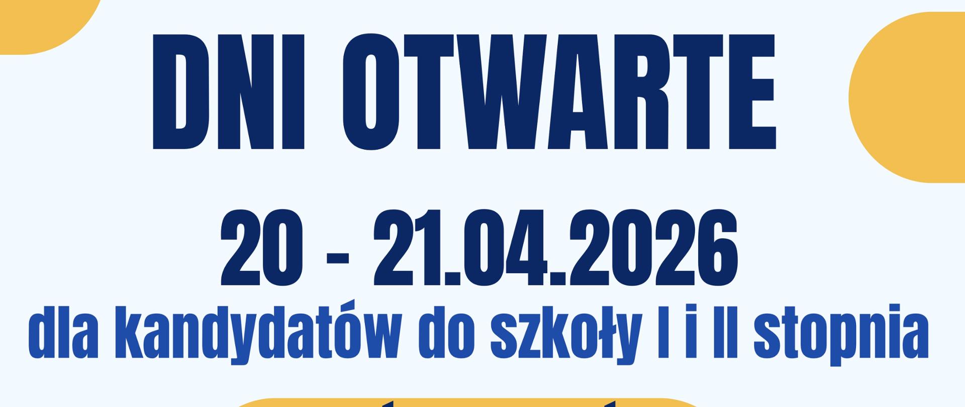 plakat jasne tło, napis granatowy "dni otwarte 20-21 04 2026 r." w prawym narożniku grafiki instrumentów, pozostałe napisy w żółtych dymkach