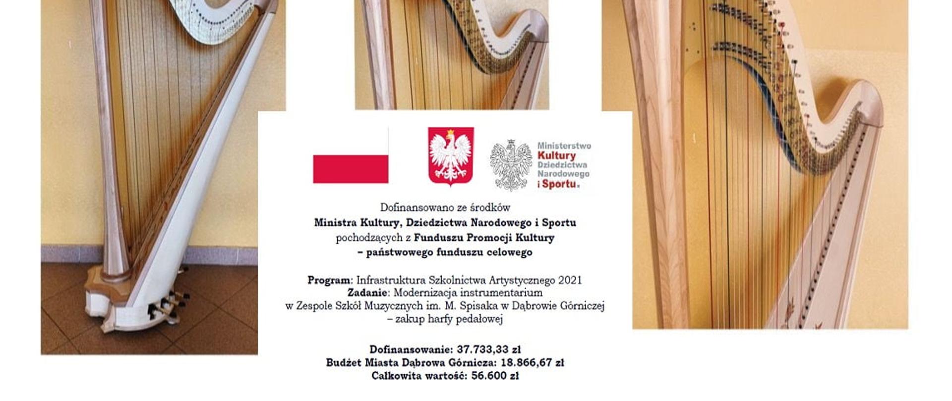 Trzy ujęcia Harfy pedałowej zakupionej ze środków MKDNiS oraz budżetu Miasta Dąbrowa Górnicza.