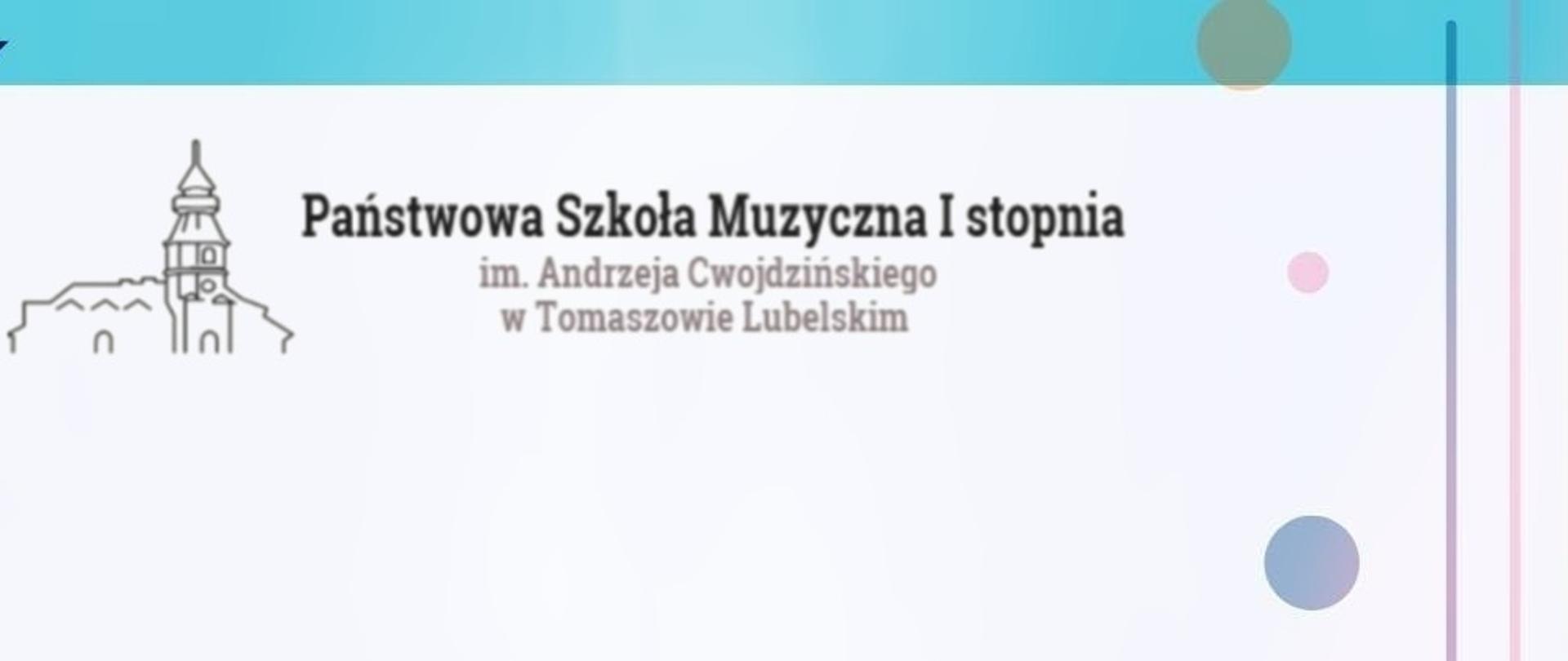 plakat z niebieską ramką na uroczyste pasowanie uczniów klas pierwszych zawiera kolorowe elementy na białym tle, kółka, pionowe kreski, trójkąty, na górze logo szkoły, poniżej nazwę szkoły, tytuł, datę i godzinę wydarzenia, na dole klucz wiolinowy, nuty na pięciolinii, oraz biret z dyplomem