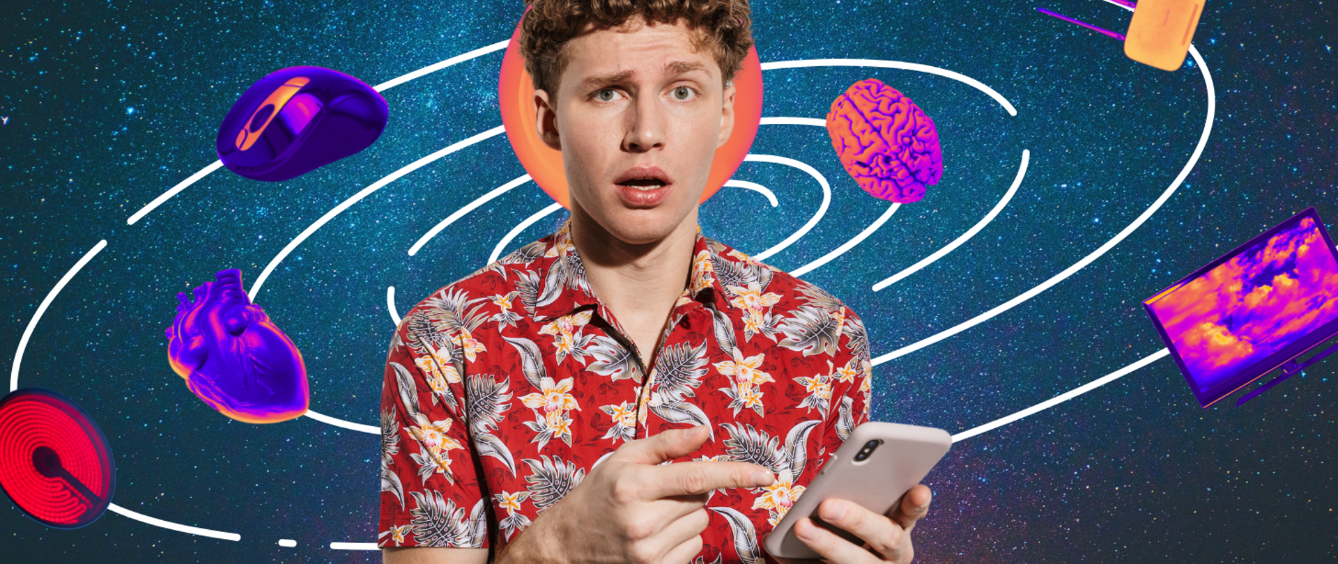 Ilustracja przedstawia mężczyznę ze zdziwionym wyrazem twarzy. W lewej dłoni trzyma telefon komórkowy i wskazuje go palcem prawej dłoni. W tle zdjęcia przedmiotów poruszających się po białych, eliptycznych orbitach: mysz komputerowa, kuchenka indukcyjna, serce, mózg, router wifi, telewizor.