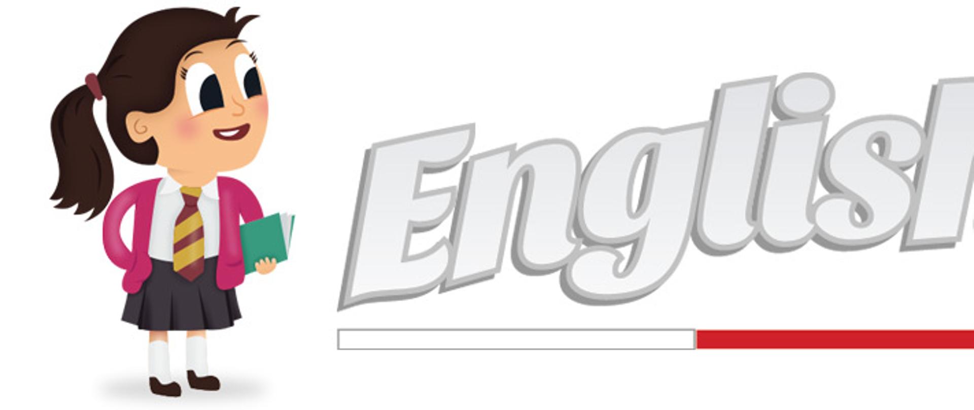 Grafika przedstawiająca napis informujący o wynikach konkursu English Ace. Po lewej stronie widnieje rysunkowa postać dziewczynki z książką, a tło ozdobione jest kolorowymi, akwarelowymi plamami. Na dole znajduje się logo Zespołu Państwowych Szkół Muzycznych im. Artura Malawskiego w Przemyślu.