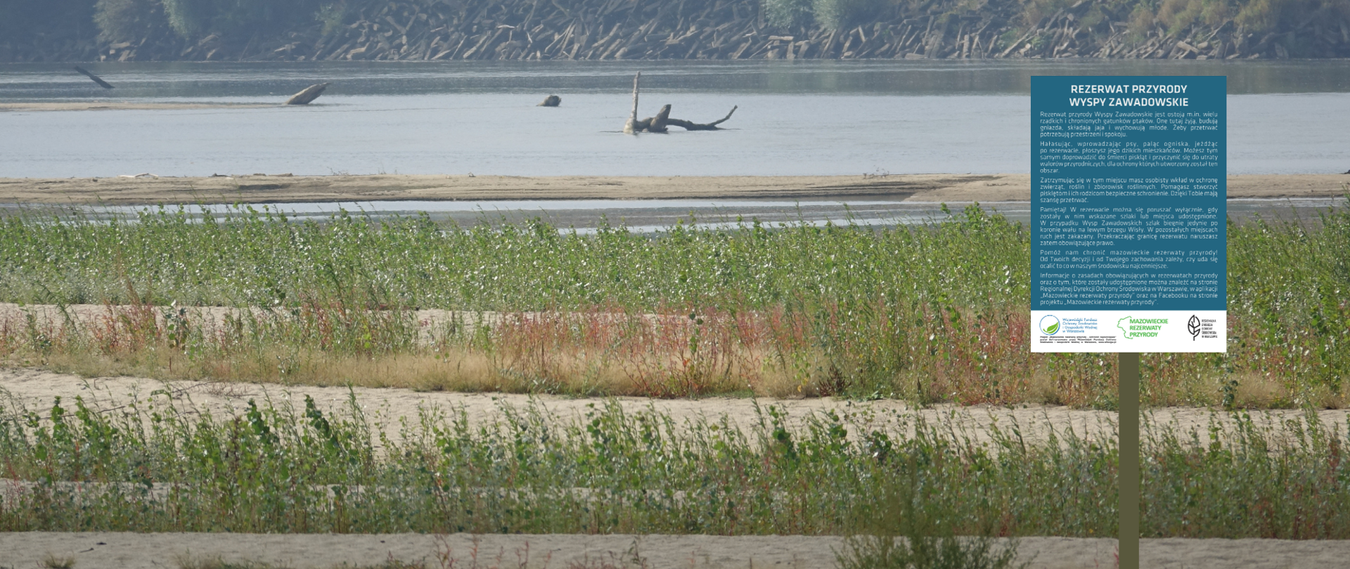 Widok na piaszczysty, lekko zarośnięty brzeg rzeki i na pierwszym planie tablica informacyjna