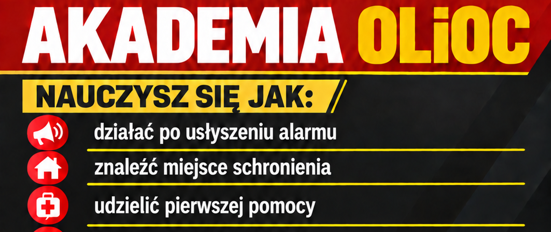 Opis główny: Plakat informacyjny z czerwono-biało-czarną grafiką w tle oraz ikoną tuby głośnikowej w prawym górnym rogu. Nagłówek: Główny tytuł pisany wielkimi literami: „KRAJOWY TRENING REAGOWANIA NA SYGNAŁY ALARMOWE I KOMUNIKATY OSTRZEGAWCZE”. Data i lokalizacje: Poniżej znajduje się duża data „03.10” oraz lista jednostek biorących udział w wydarzeniu w godzinach 11:00–14:00: KP PSP w Lipsku OSP Chotcza OSP Ciepielów OSP Maruszów OSP Rzeczniów OSP Jawor Solecki OSP Solec nad Wisłą Sekcja „AKADEMIA OLIOC”: Zawiera listę umiejętności, jakich można się nauczyć (wraz z ikonami): działać po usłyszeniu alarmu znaleźć miejsce schronienia udzielić pierwszej pomocy korzystać z aplikacji MTU Stopka: Na samym dole znajduje się żółty pasek z tekstem wzywającym do udziału: „Zapraszamy wszystkich do udziału”.