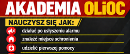 Opis główny: Plakat informacyjny z czerwono-biało-czarną grafiką w tle oraz ikoną tuby głośnikowej w prawym górnym rogu. Nagłówek: Główny tytuł pisany wielkimi literami: „KRAJOWY TRENING REAGOWANIA NA SYGNAŁY ALARMOWE I KOMUNIKATY OSTRZEGAWCZE”. Data i lokalizacje: Poniżej znajduje się duża data „03.10” oraz lista jednostek biorących udział w wydarzeniu w godzinach 11:00–14:00: KP PSP w Lipsku OSP Chotcza OSP Ciepielów OSP Maruszów OSP Rzeczniów OSP Jawor Solecki OSP Solec nad Wisłą Sekcja „AKADEMIA OLIOC”: Zawiera listę umiejętności, jakich można się nauczyć (wraz z ikonami): działać po usłyszeniu alarmu znaleźć miejsce schronienia udzielić pierwszej pomocy korzystać z aplikacji MTU Stopka: Na samym dole znajduje się żółty pasek z tekstem wzywającym do udziału: „Zapraszamy wszystkich do udziału”.