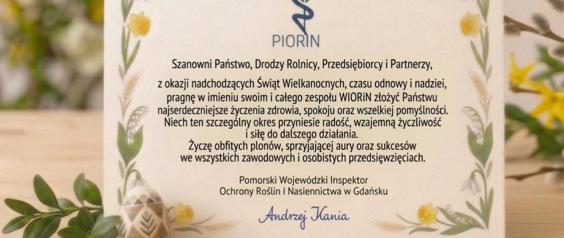 Pionowa kartka pocztowa z życzeniami z okazji Wielkanocy na drewnianym stole, przed nią gałązka bukszpanu z pisanką, w tle bazie kotki i rozmazane żółte kwiaty 