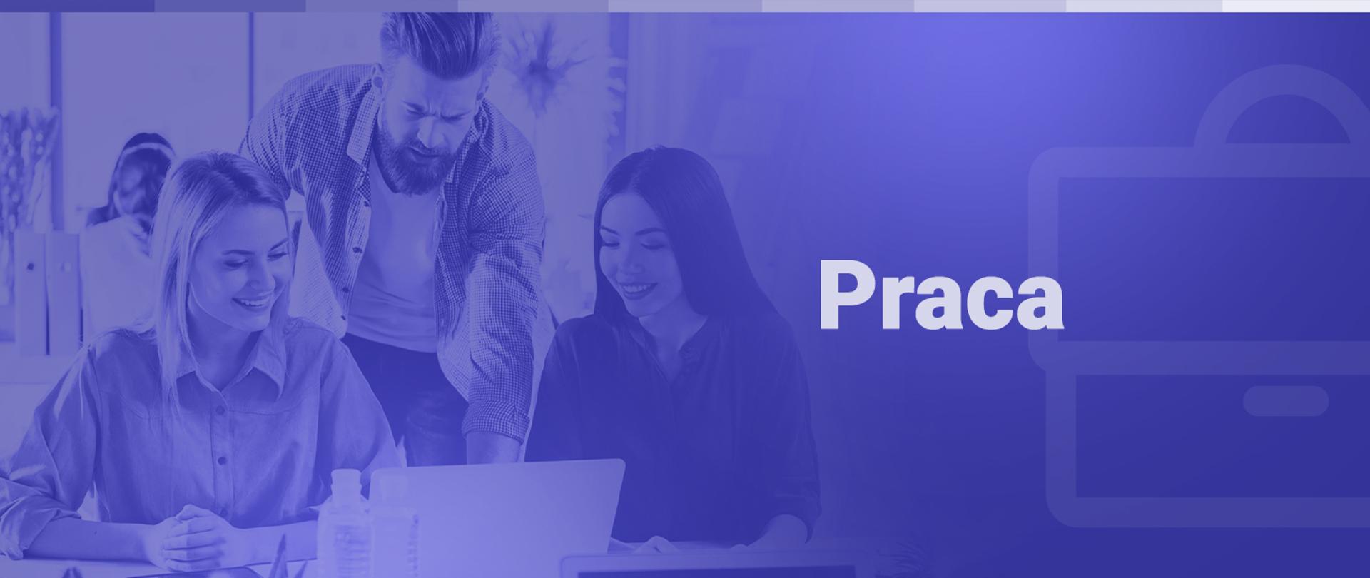 Biały napis praca na niebieskim tle