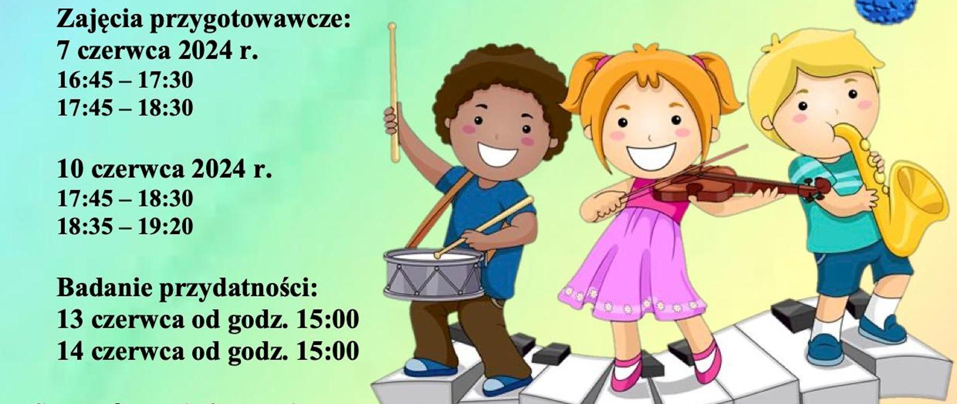 Na jasnoniebieskim tle kolorowe symbole nut i pięciolini. W środoku szczegółowe informacje dotyczące naboru. Poniżej terminy i godziny. Po prawej stronie rysunek uśmiechniętych dzieci na klawiaturze grających na bębenku, skrzypcach i saksofonie.