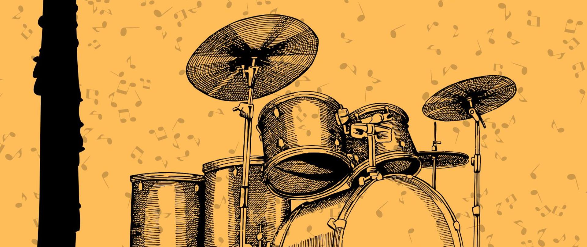 Pomarańczowe tło, grafiki oboju i perkusji, logo szkoły, tekst dotyczący popisu klasy oboju i perkusji 19 listopada o godz. 18.30