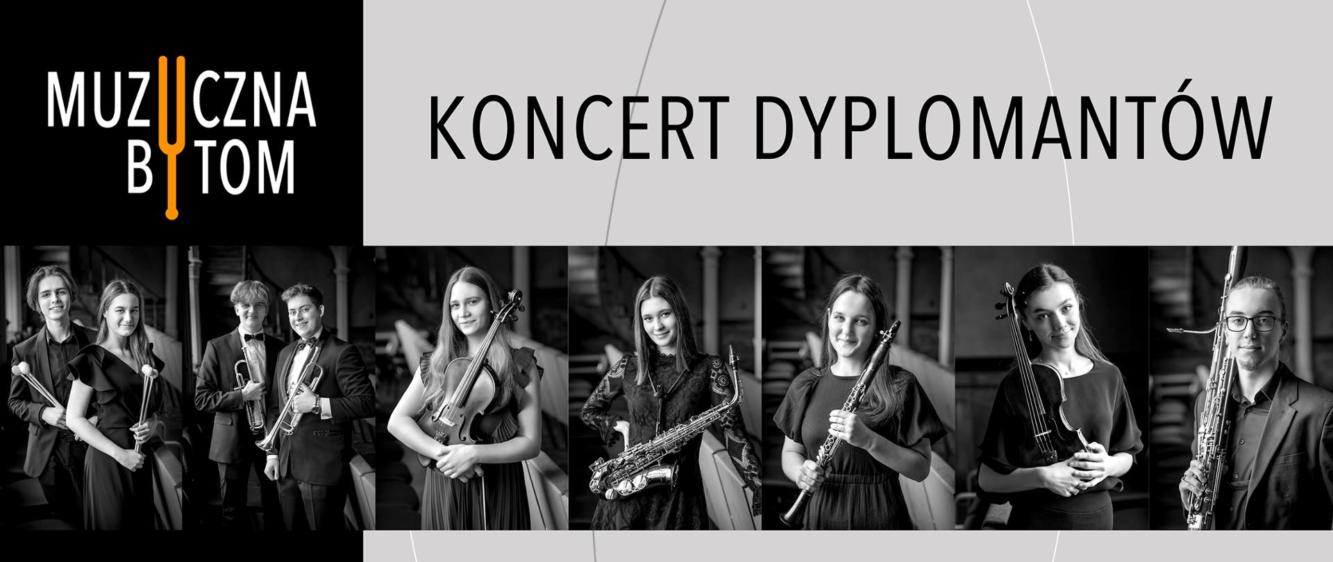 Plakat - na czarnym tle (lewa strona plakatu) logotyp szkoły oraz Filharmonii Śl.; dane teleadresowe szkoły; na szarym tle (praw strona plakatu) dane dot. programu występujących, prowadzącej oraz nazwa koncertu. W poziomie na górze plakatu zdjęcia dyplomantów z instrumentami