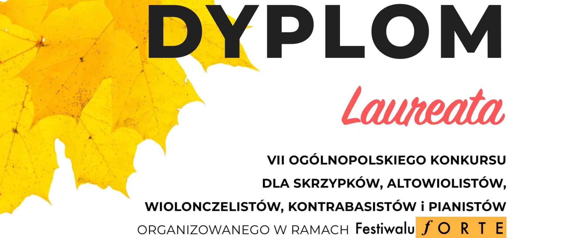 Na białym tle widnieje imię i nazwisko uczennicy, i pedagoga, napis dyplom laureata oraz podpisy jurorów.
W lewym górnym rogu widać motyw jesiennych, żółtych liści.
