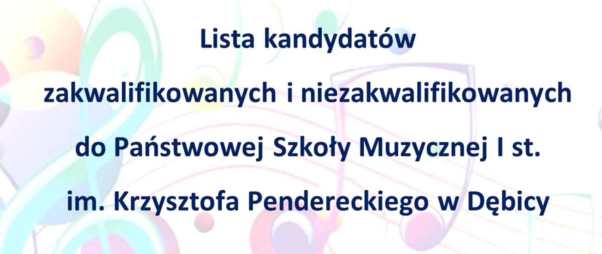 Plakat z napisem - lista kandydatów zakwalifikowanych i niezakwalifikowanych do PSM I st. w Dębicy; w tle kolorowe nuty i klucz wiolinowy