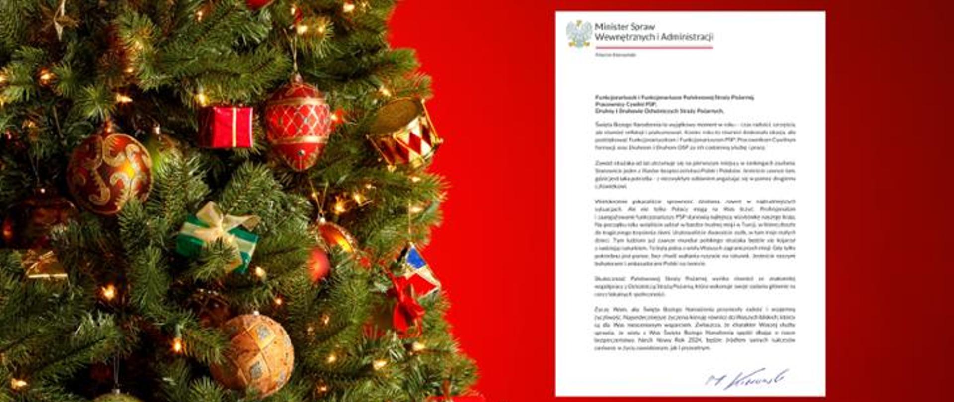 Na czerwonym tle, po lewej stronie choinka udekorowana a po prawej list z życzeniami Ministra Spraw Wewnętrznych i Administracji.
