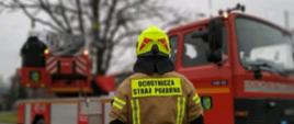 Zdjęcie przedstawia strażaka na tle drabiny mechanicznej
