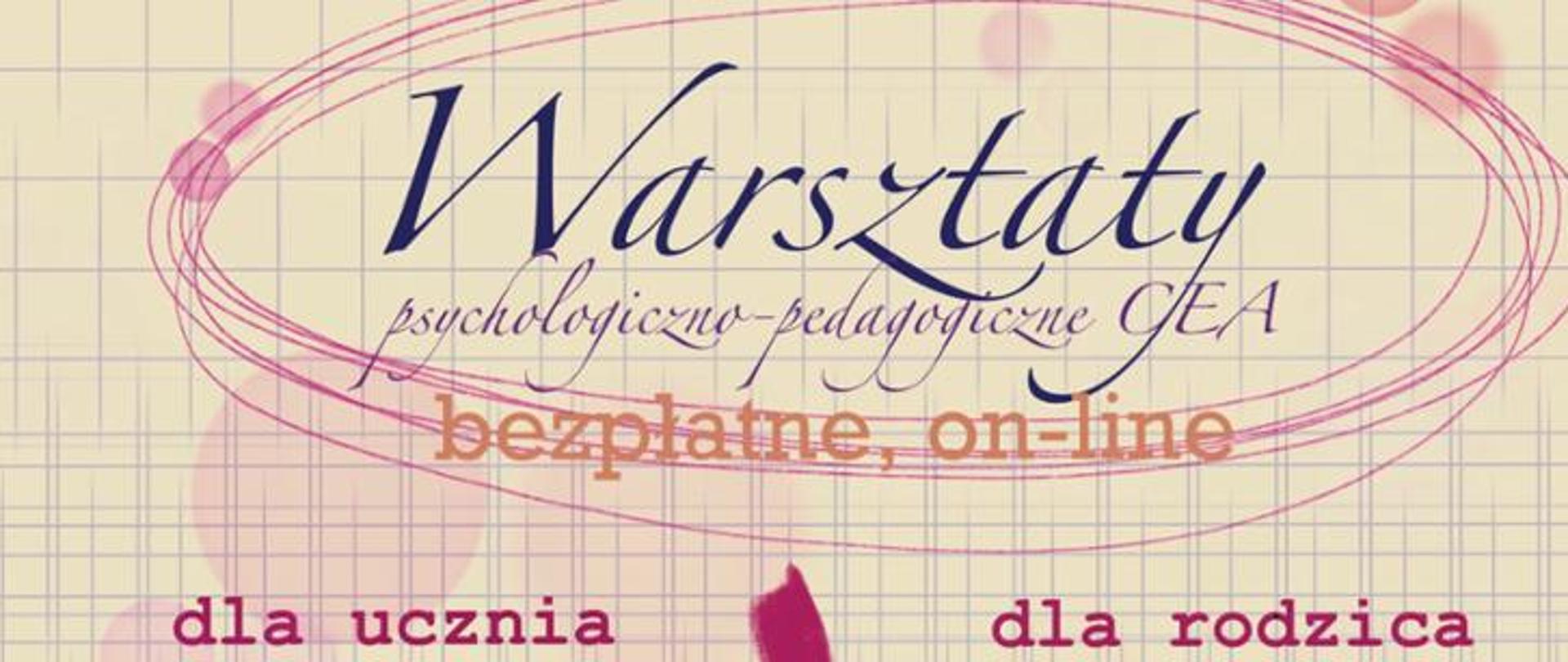Plakat w układzie poziomym z granatowymi, pomarańczowymi i różowymi literami na jasnoróżowym tle. Tło wzbogacone o grafiki kratek, kółek i zakreśleń w kolorze różowym.