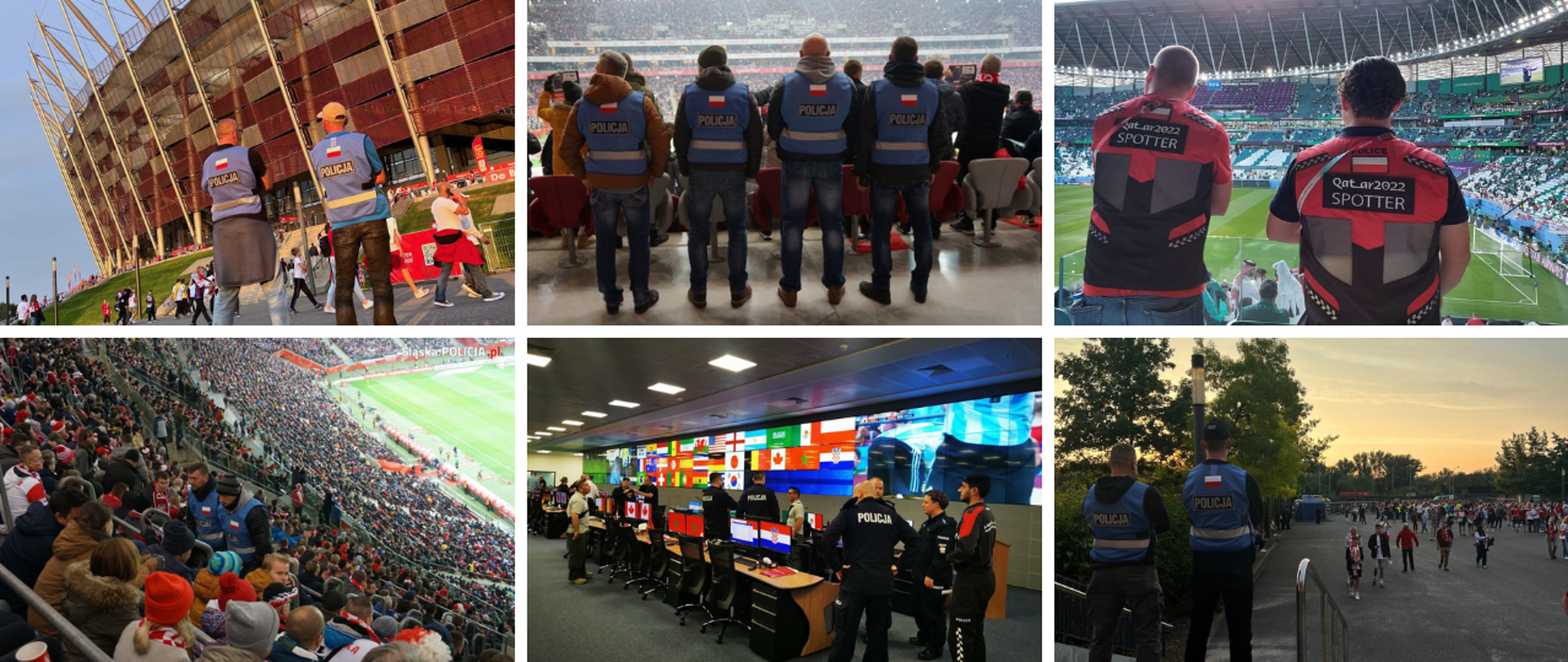 Kolaż zdjęć funkcjonariuszy podczas zabezpieczenia meczu