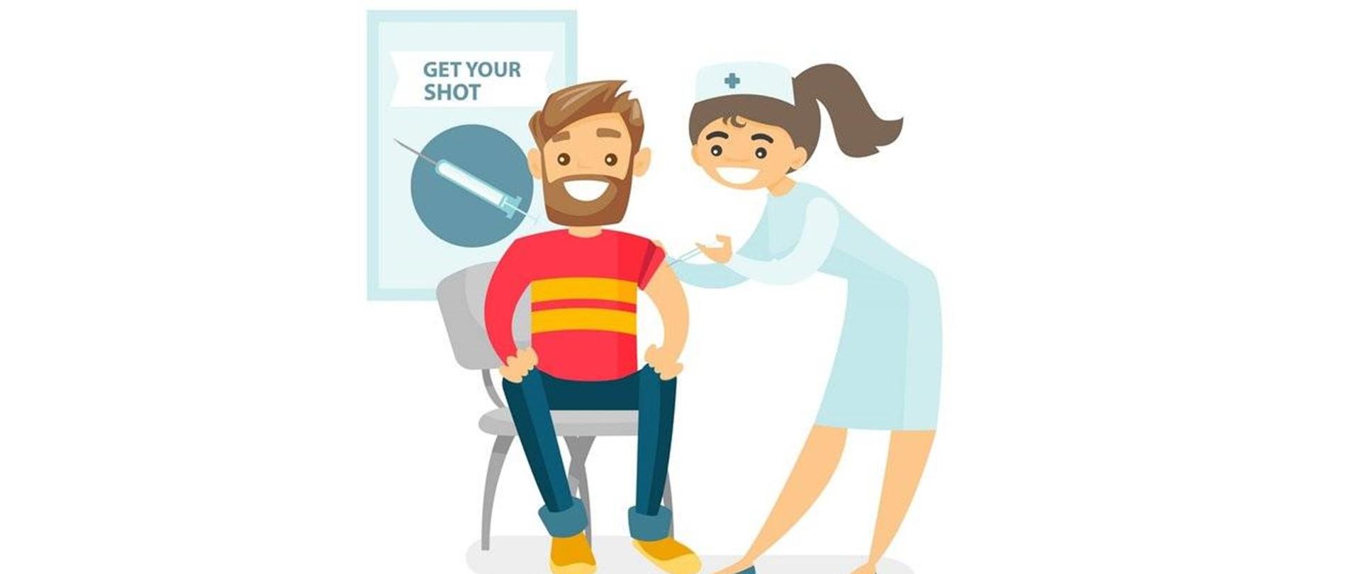 Na zdjęciu widoczne są dwie postacie:pielęgniarka w fartuchu na długi rękaw wykonująca szczepienie. Na głowie ma założony czepek koloru białego z niebieskim krzyżem. Siedzący na krześle koloru siwego pacjent - mężczyzna, brunet z brodą ubrany w bluzkę koloru czerwonego, na klatce piersiowej widoczne dwa żółte pasy. Spodnie niebieskie i żółte buty. Za plecami pacjenta widnieje napis Get your shot (co oznacza - Dostań swój strzał). Pod napisem widać strzykawkę ułożoną po skosie - igła skierowana w prawą stronę. Strzykawka na tle niebieskiego koła.