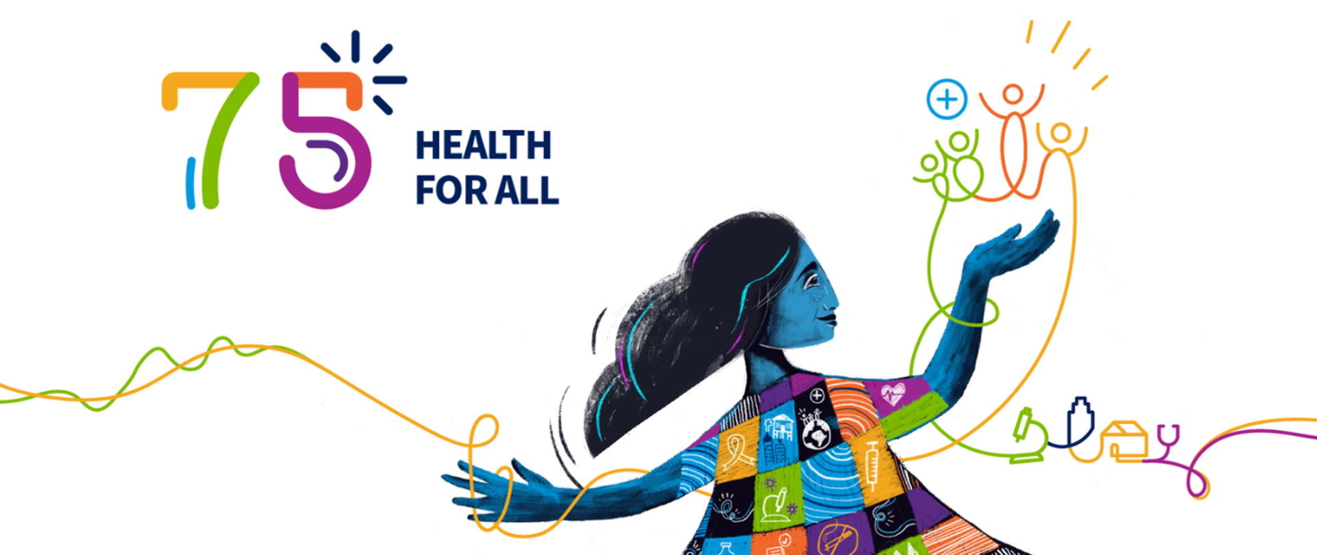 Obraz przedstawia kobietę z rozłożonymi rękami. Ubrana jest w kolorową sukienkę. Po lewej stronie widnieje napis 75 health for all.