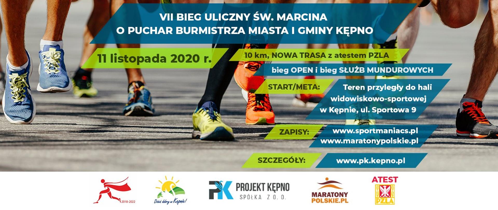 Plakat biegu ulicznego który odbędzie się 11 listopada 2020 r. w Kępnie. 10 km nowa trasa z atestem PZLA, bieg open i bieg służb Mundurowych, start/meta teren przyległy do hali widowiskowo-sportowej w Kępnie, ul. Sportowa 9, zapisy www.sportmaniacs.pl; www.maratonypolskie.pl; szczegóły www.pk.kepno.pl
