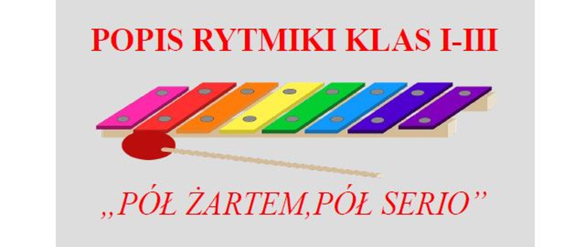 Plakat na białym tle z grafiką organków i tekstem " popis rytmiki klas I-III, pół zatem, pół serio"