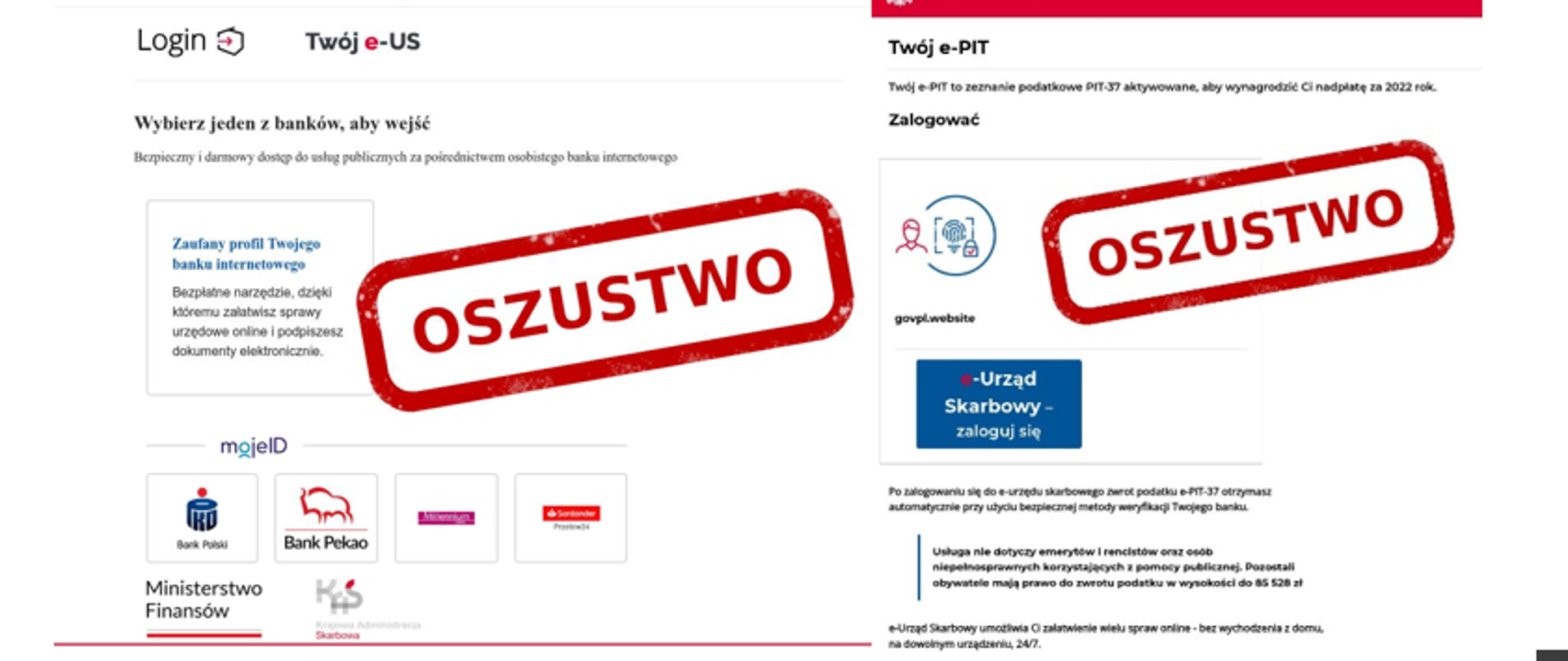 zdjęcie fałszywych e-maili i strony internetowej PIT o treści Twój e-PIT to zeznanie podatkowe PIT-37 aktywowane, aby wynagrodzić Ci nadpłatę za 2022 rok. Po zalogowaniu się do e-Urzędu skarbowego zwrot podatku e-PIT-37 otrzymasz automatycznie przy użyciu bezpiecznej metody weryfikacji Twojego banku. 