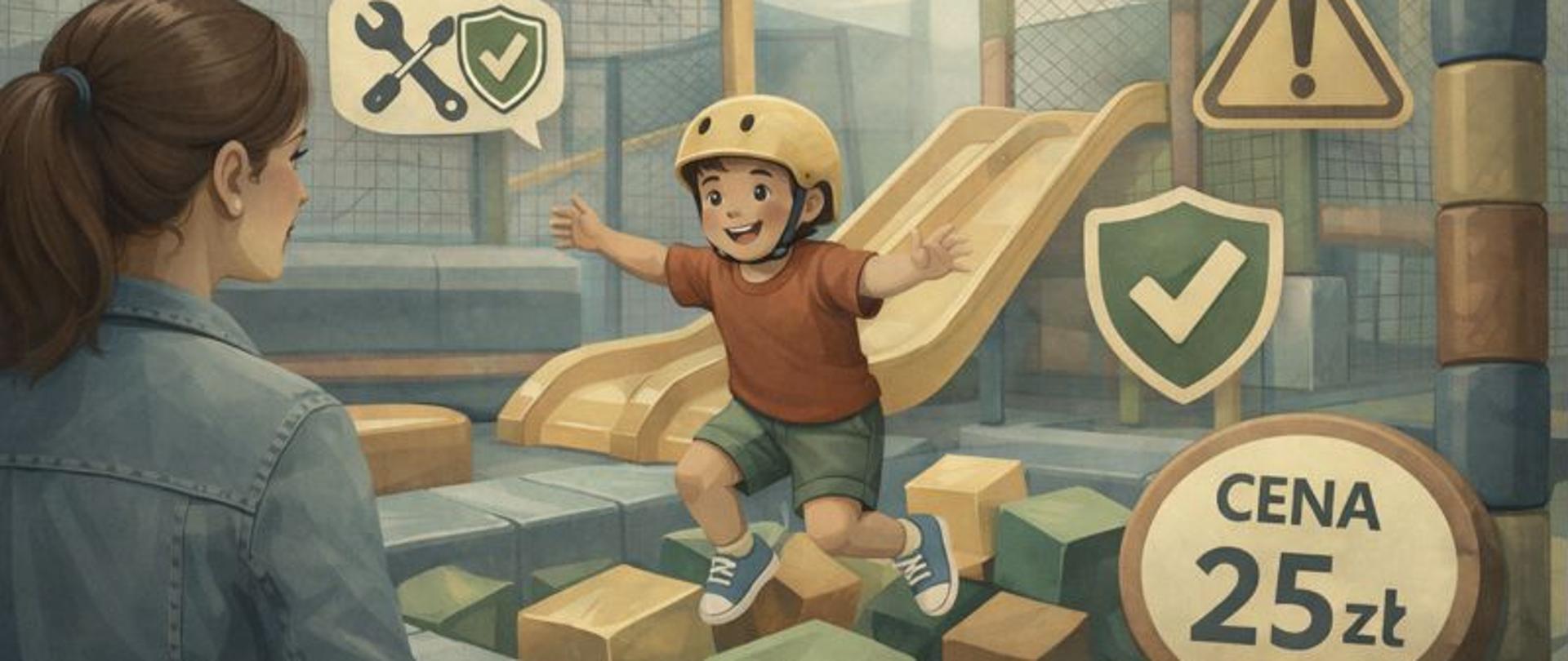 Ilustracja przedstawia uśmiechnięte dziecko w kasku ochronnym, stojące na drewnianym torze przeszkód na placu zabaw. Obok znajduje się dorosła osoba pochylona w stronę dziecka, jakby je asekurowała lub instruowała. W tle widoczne są znaki bezpieczeństwa (tarcza, klucz i śrubokręt, znak ostrzegawczy) oraz tabliczka z ceną "25 zł". Scena sugeruje bezpieczną zabawę lub aktywność ruchową dla dzieci w zamkniętym pomieszczeniu. 