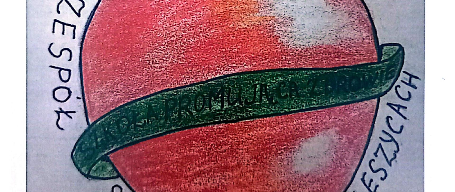 Szkoła Promująca Zdrowie - plakat, widoczne jabłko z czapką kucharską przepasane zielona wstęga z napisem Szkoła Promująca Zdrowie