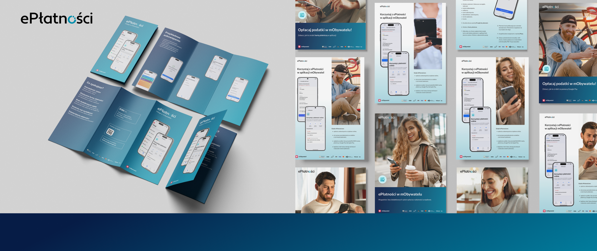 w lewym górnym rogu logo ePłatności, poniżej wizualizacja broszury informacyjnej, po prawej kolaż z ulotek instruktażowych
