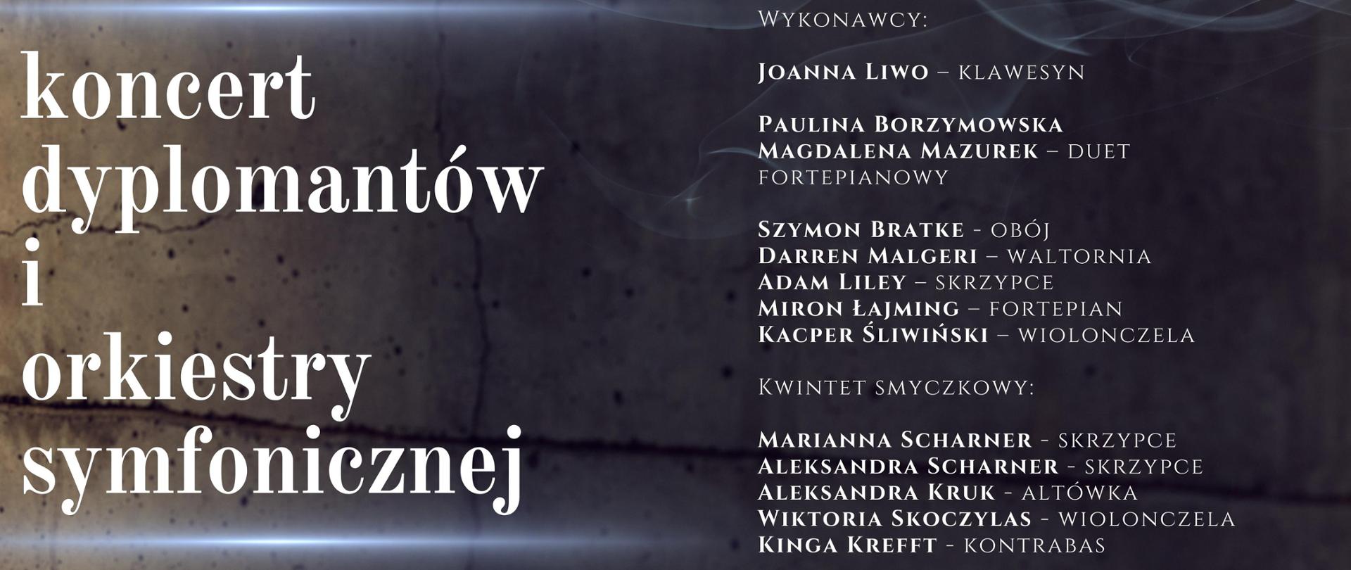 Na plakacie znajdują się informacje o koncercie solistów i orkiestry Szkoły Muzycznej II stopnia w Gdańsku - Wrzeszczu.