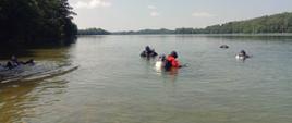Grupa strażaków zanurza się w jeziorze