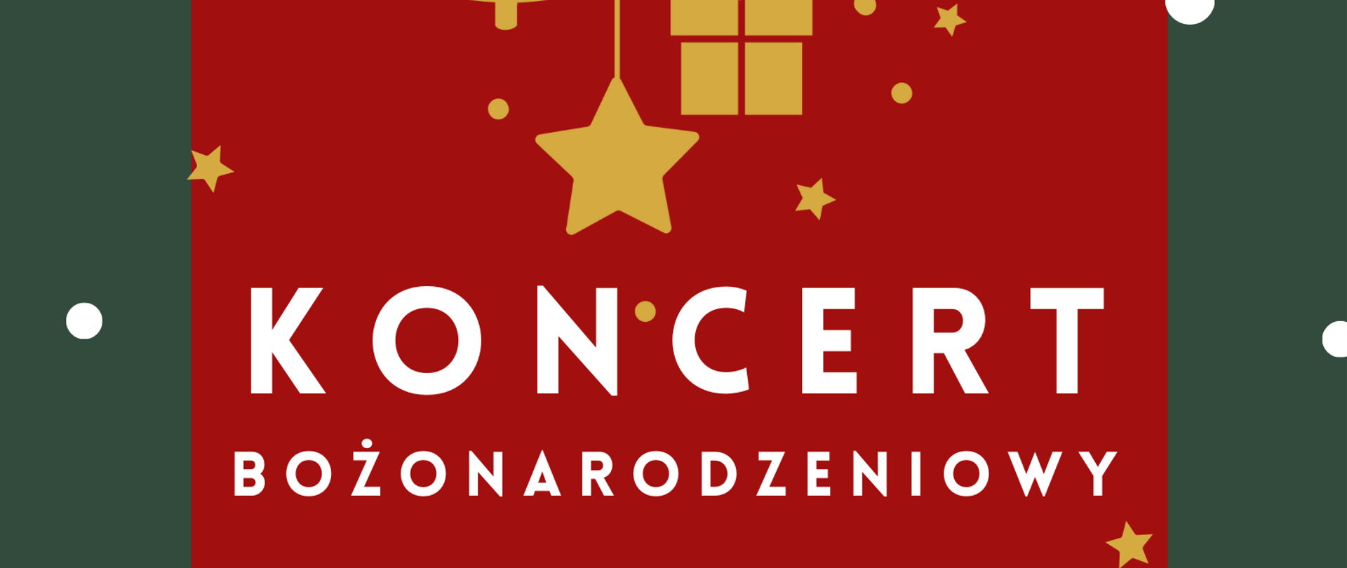 Tło obrazka w kolorze zielonym, a na nim białe płatki śniegu i złote gwiazdki. U góry zawieszone są złote bombki w kształcie gwiazdy, kółka, choinki, prezentu. W centralnej części obrazka czerwony kwadrat, a w nim biały napis: "Koncert Bożonarodzeniowy". Poniżej złotymi literami informacja o dacie, godzinie i miejscu koncertu. Poza czerwonym polem złoty napis: "wykonawcy", potem białymi literami informacja kto wystąpi.