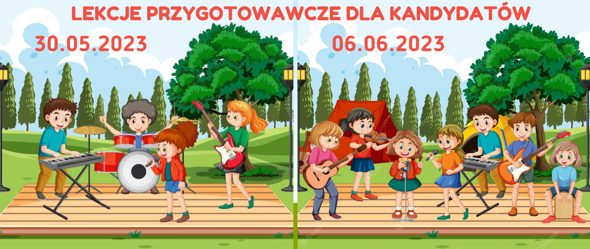 Zdjęcie podzielone na dwie części. Na każdej z nich drewniana scena i zespół muzyczny. Zespół składa się z dzieci grających na licznych instrumentach: piano, perkusja, gitara, skrzypce. W tle za występującymi dziećmi liczne drzewa i dużo zielonej trawy. U samej góry czerwony napis: "lekcje przygotowawcze dla kandydatów", poniżej daty lekcji.