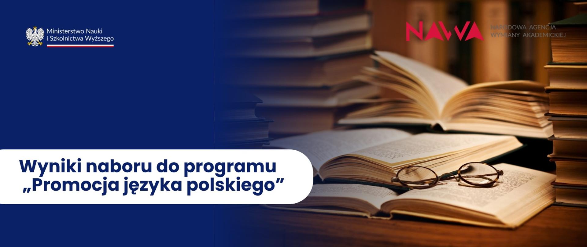 Grafika - na niebieskim tle napis Wyniki naboru do programu „Promocja języka polskiego”.