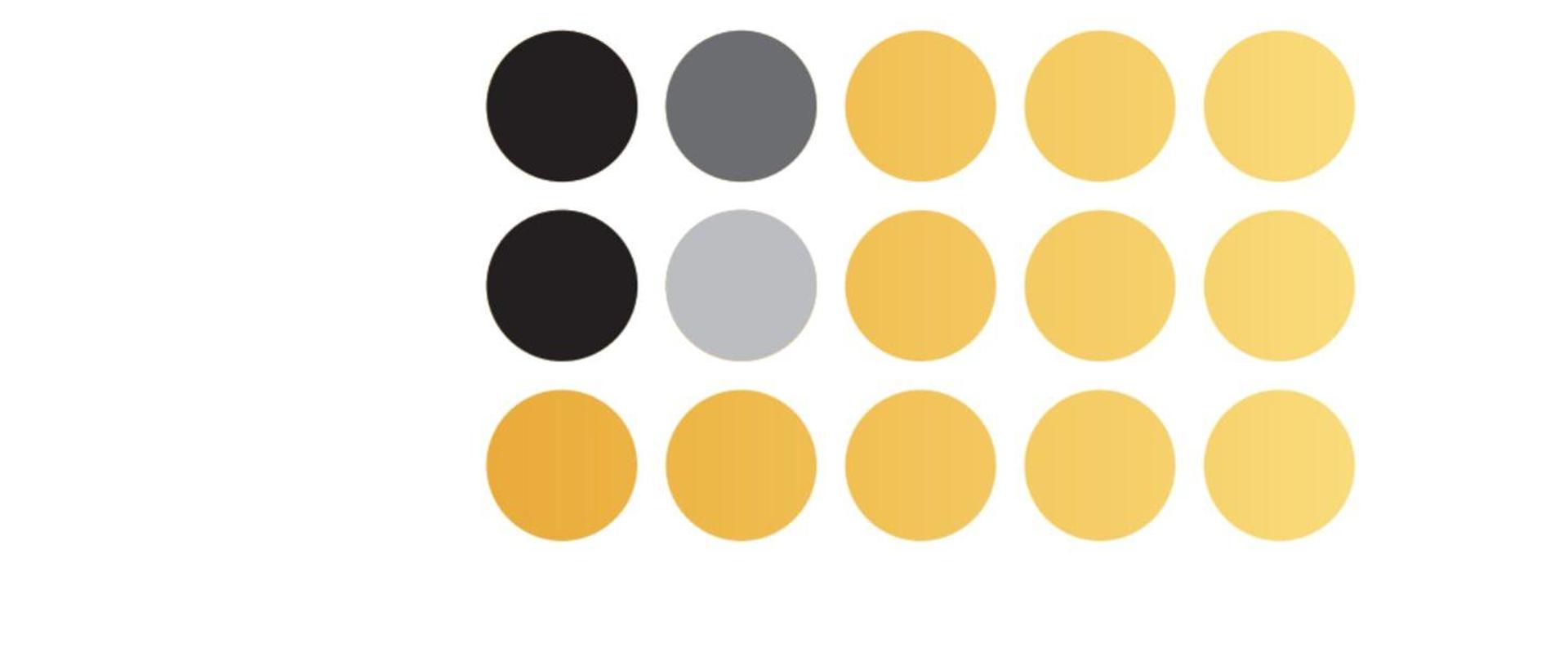 Obraz przedstawia kółka w trzech kolorach: żółtym, szarym oraz czarnym.