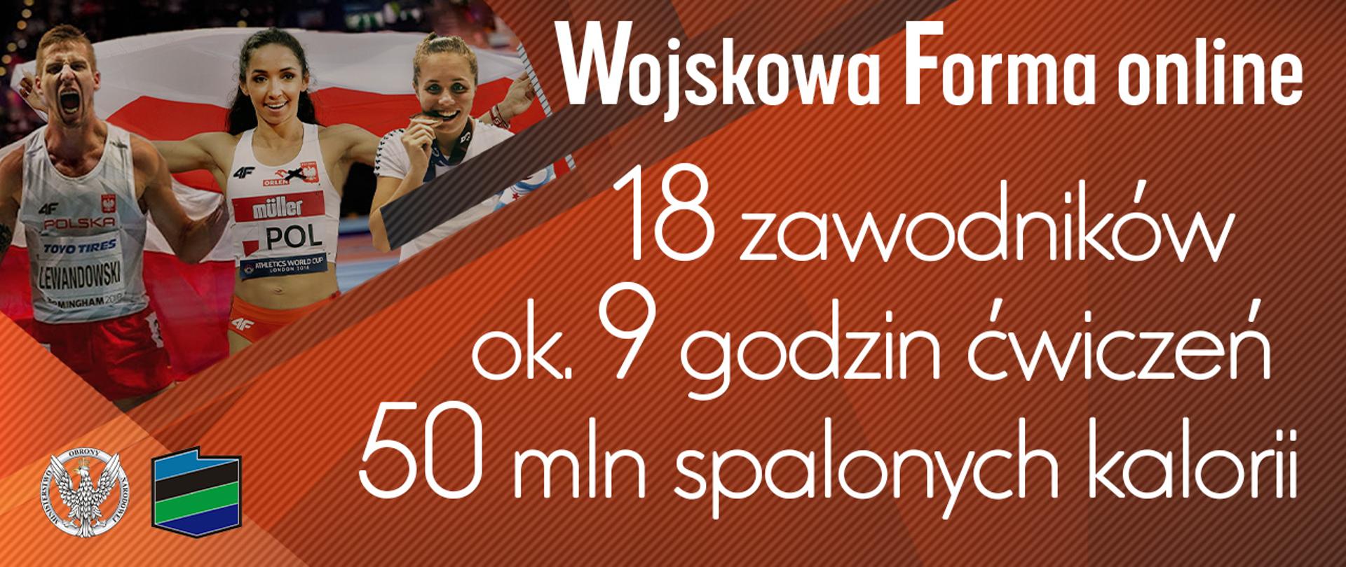 Podsumowanie wojskowej formy online. W tle żołnierze-sportowcy. Napis: 18 zawodników, ok. 9 godzin ćwiczeń, 50 mln. spalonych kalorii.