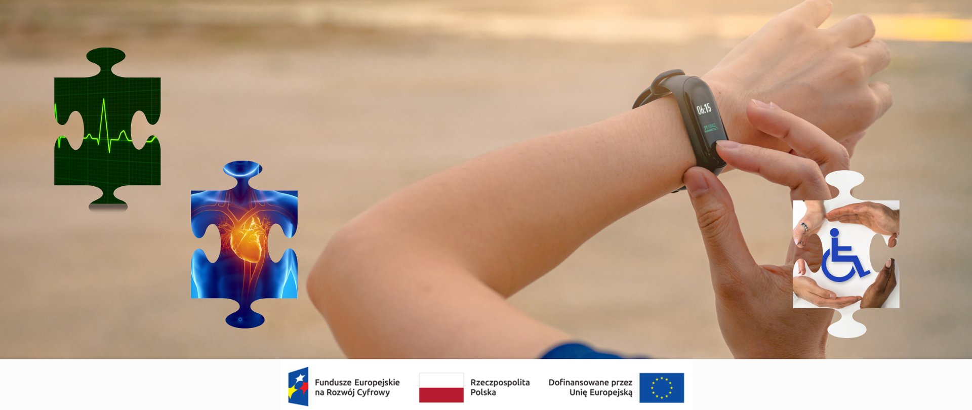Zdjęcie przedstawia nadgarstek z opaską smart oraz puzzlami, na których widoczne są serce, monitorowanie serca oraz znak osób z niepełnosprawnościami ruchowymi. 