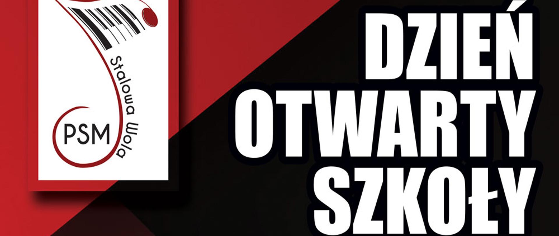 Plakat dotyczy dnia otwartego w szkole na bordo-czarnym tle z ikonami instrumentów muzycznych po prawej stronie oraz szczegółową a informacją dotyczącą dnia otwartego w szkole