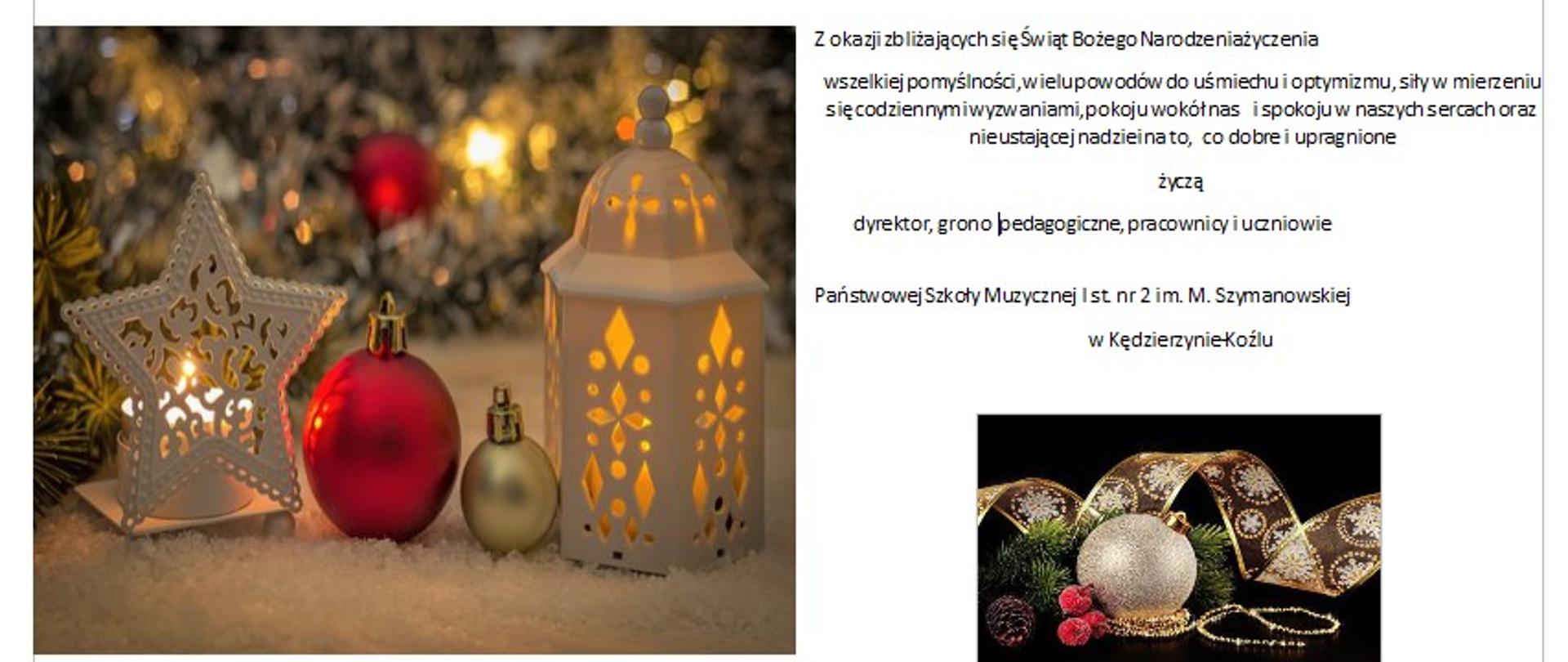 Plakat z życzeniami na Boże Narodzenie, po lewej stronie zdjęcie 2 bombek z 2 lampionami, po prawej zdjęcie bombki, wstążki i gałązki świerkowej