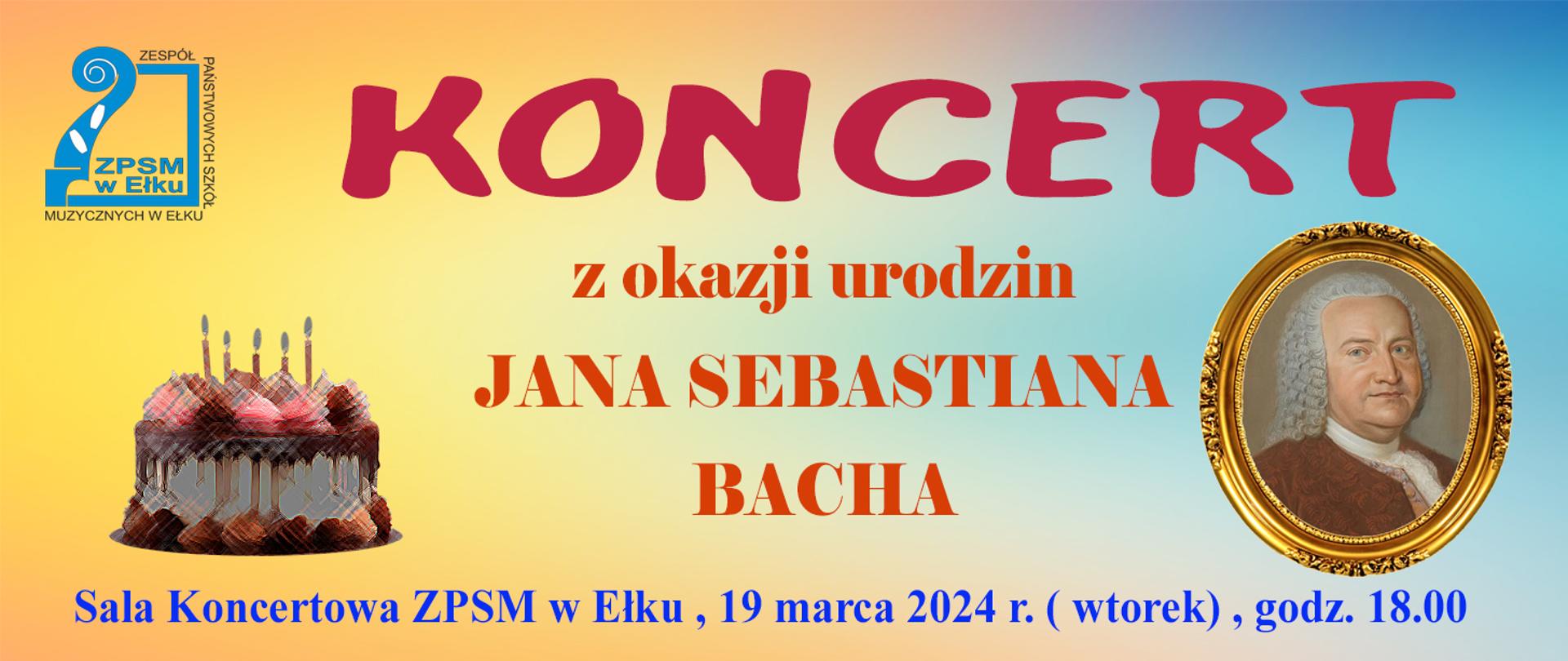 W centrum plakatu znajduje się portret Jana Sebastiana Bacha w owalnej oprawie. Po obu stronach torty urodzinowe ze świeczkami. Całość kojarzy się radośnie że świętowaniem urodzin. Z lewej strony u góry niebieskie logo szkoły muzycznej. Litery z informacją o koncercie w kolorach czerwonym i niebieskim.