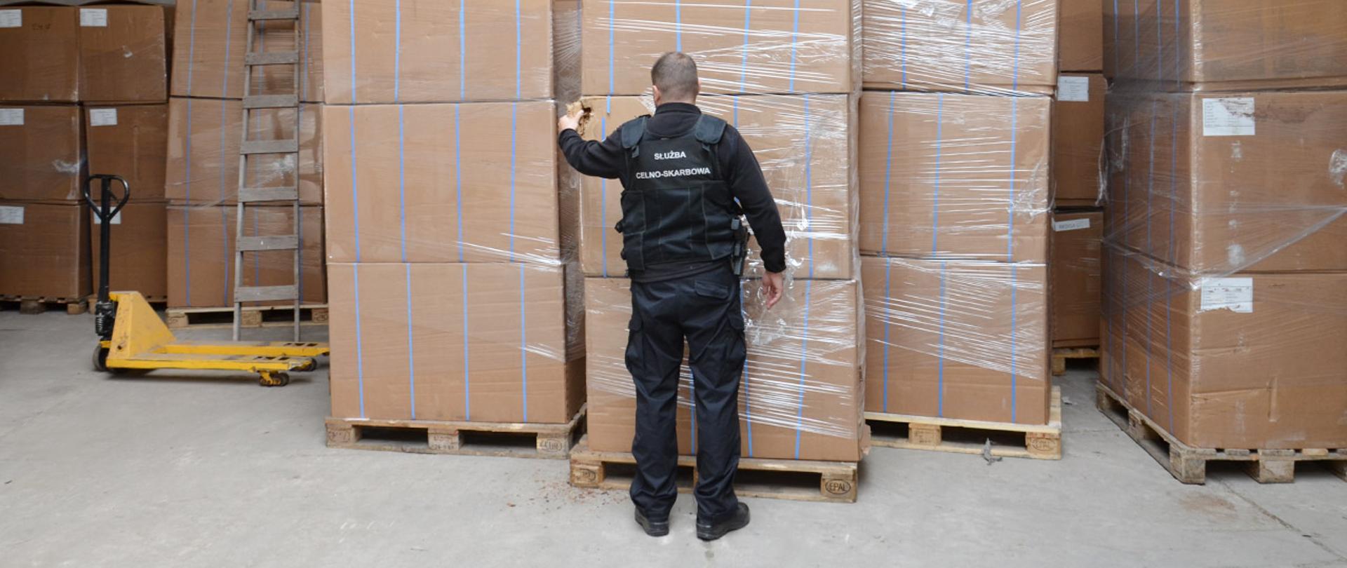 Funkcjonariusz Służby Celno-Skarbowej na tle kartonów z nielegalnym suszem tytoniowym
