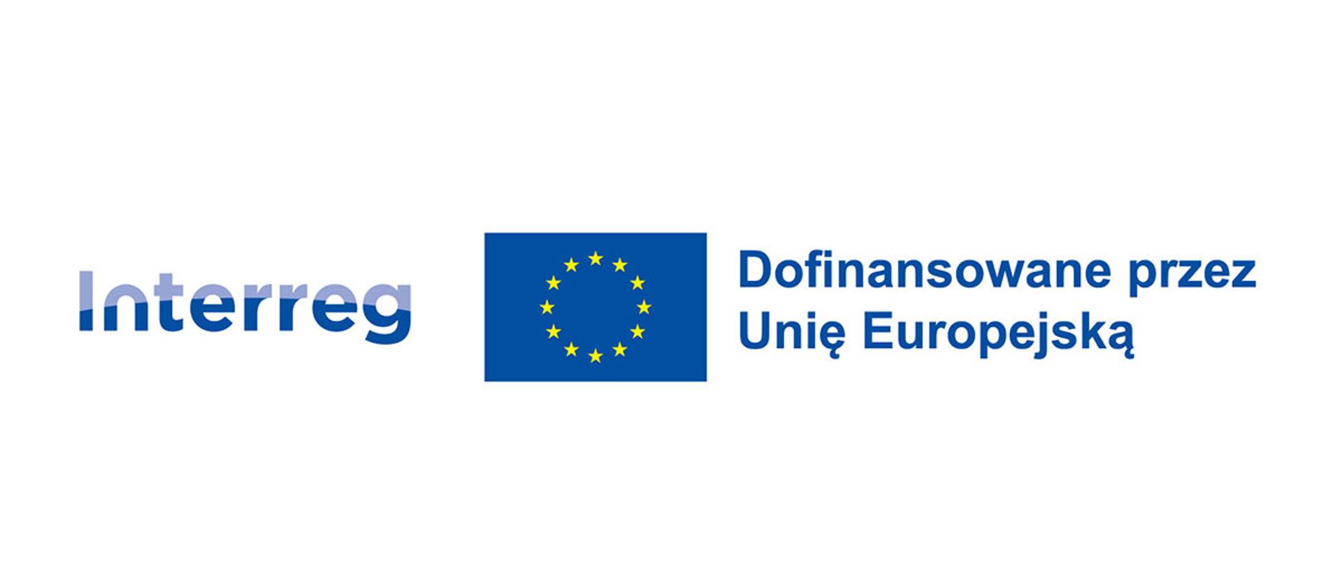 Zdjęcie przedstawia na białym tle logo Interreg flagę Unii Europejskiej oraz napis "Dofinansowane przez Unię Europejską". Grafiki są niebieskie.