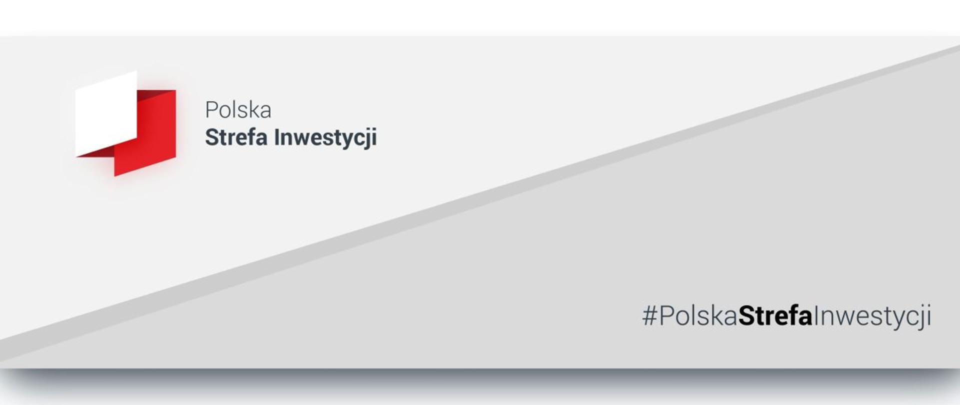 Na szarym tle napisy Polska strefa Inwestycji, w lewym górnym rogu grafika przypominająca w zarysie kształt Polski