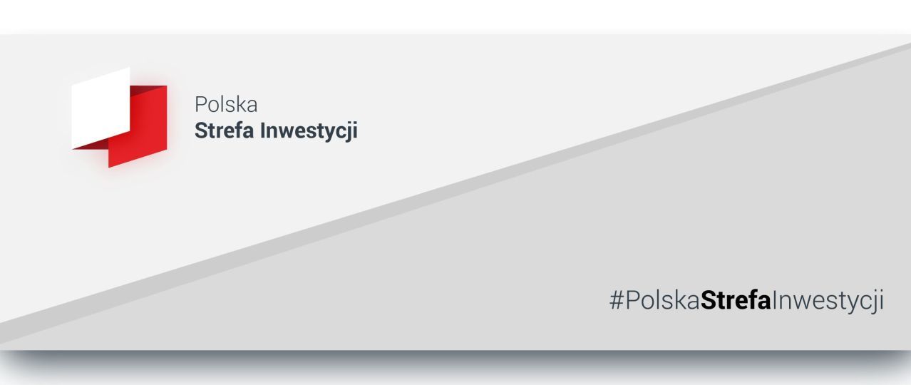 Na szarym tle napisy Polska strefa Inwestycji, w lewym górnym rogu grafika przypominająca w zarysie kształt Polski