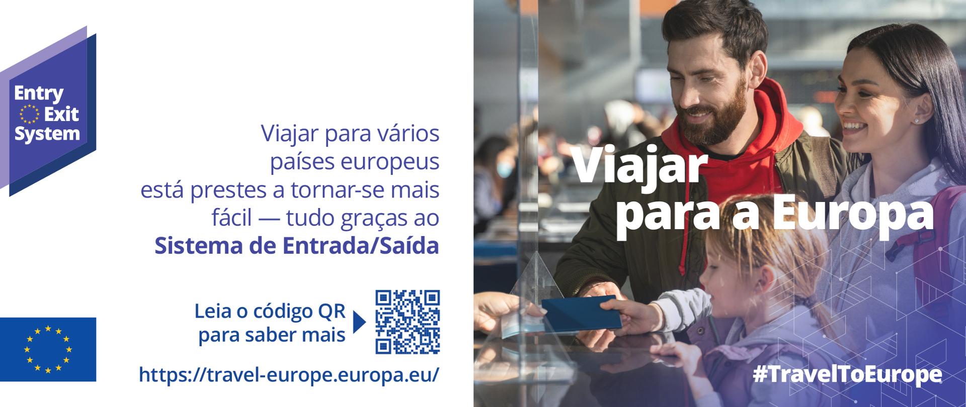 A imagem mostra um homem, uma mulher e uma criança a apresentarem um passaporte no controlo fronteiriço.