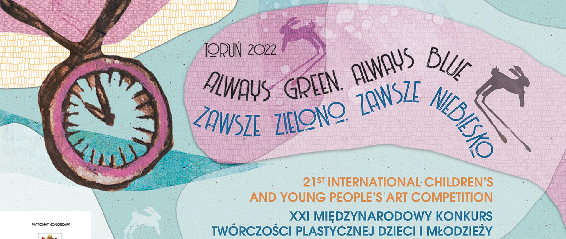 Plakat na którym widać namalowany zegar w kolorze fioletowo brązowym, plamy różowe, niebieskie, żółte i białe, a na nich skaczące zające z długimi kończynami