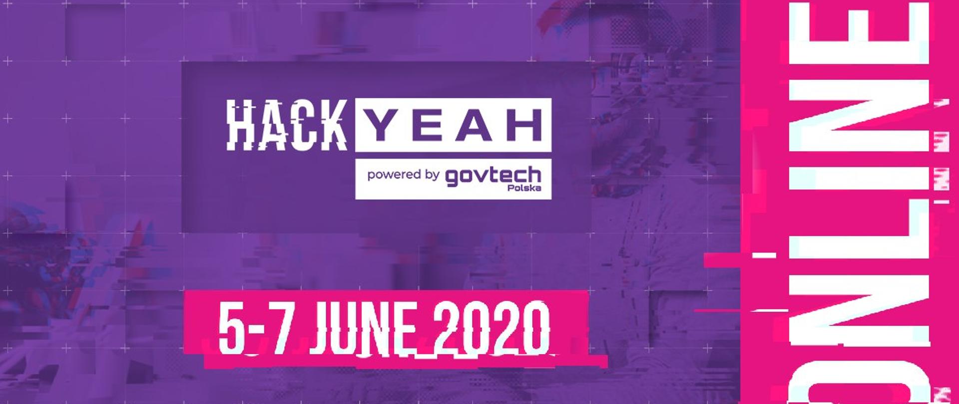 Grafika z fioletowym tłem zapowiadająca hackathon online HackYeah w dniu 5-7 czerwca 2020 roku