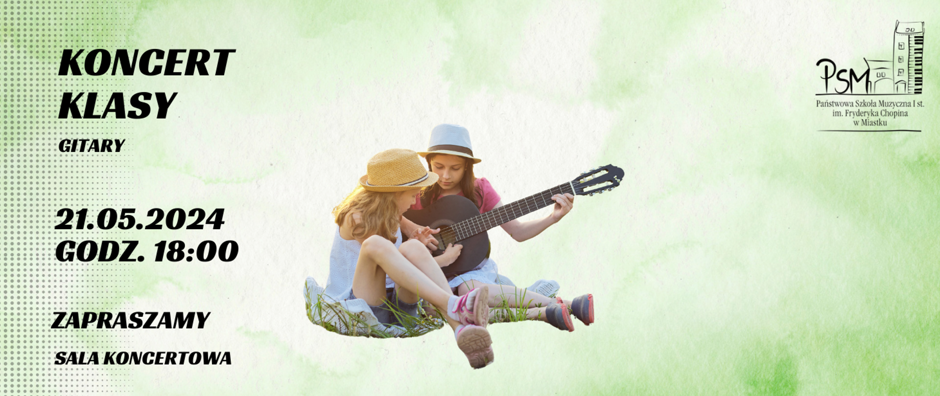 Grafika informująca o koncercie uczniów klasy gitary 21 maja 2024 o godz. 18:00 w sali koncertowej naszej szkoły.