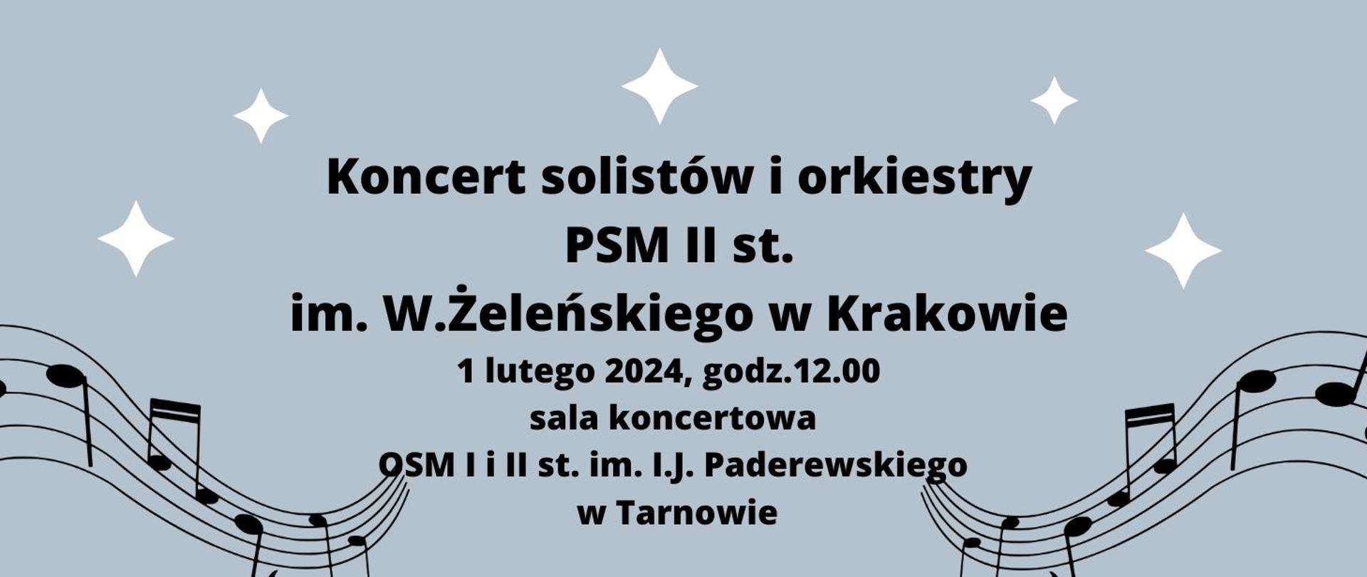 na niebieskim tle po prawej i lewej stronie pięciolinie z nutami, a na górze białe gwiazdki, na środku napis informujący o koncercie