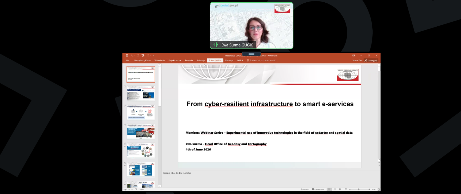 Ewa Surma - Director of Department of Strategy and International Cooperation during EuroGeographics webinar.